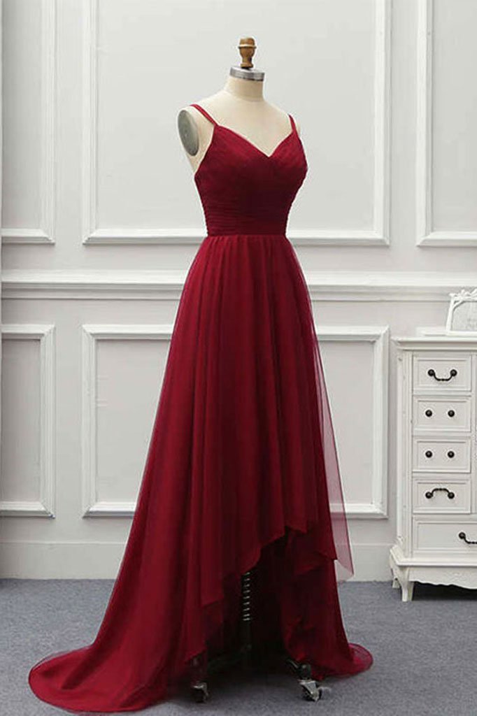 A Line High Low Tulle Prom Dress with Train, Burgundy V Neck Backless Formal Dress UQ1692