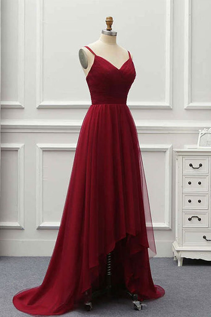A Line High Low Tulle Prom Dress with Train, Burgundy V Neck Backless cherishgirls A Line High Low Tulle Prom Dress with Train, Burgundy V Neck Backless cherishgirls
