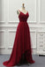 A Line High Low Tulle Prom Dress with Train, Burgundy V Neck Backless Formal Dress UQ1692