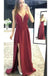 Burgundy Sleeveless Prom Dresses, Spaghetti Strap Split Satin Party Dresses N1724
