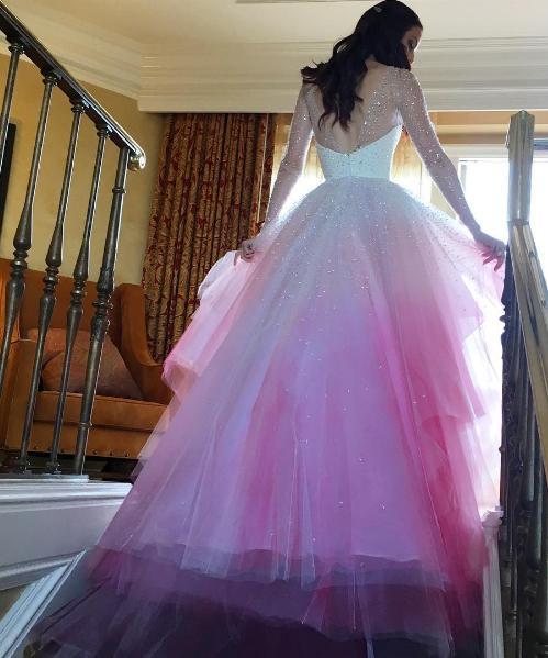 A-line Colorful Pink and White Long Sleeves Sheer Long Wedding Dress chw0002