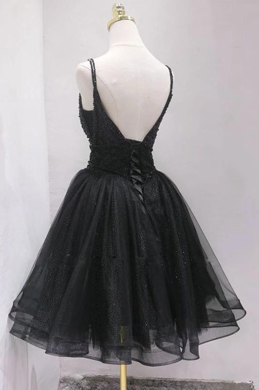 Black Tulle Beading Short Prom Dress, Puffy Black Straps Homecoming Dress UQ2148
