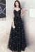 Black Spaghetti Straps Tulle Prom Dress with Stars, Floor Length Long Evening Dress UQ2580