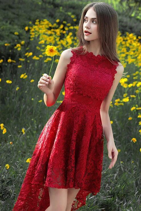 Burgundy High Low Lace Homecoming Dress Charming Hi lo Graduation Dresses UQ2194