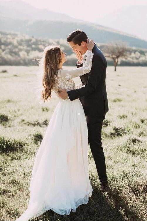 Long Sleeve Rustic Weding Dresses Lace Appliqued Ivory Chiffon Beach W cherishgirls Long Sleeve Rustic Weding Dresses Lace Appliqued Ivory Chiffon Beach W cherishgirls