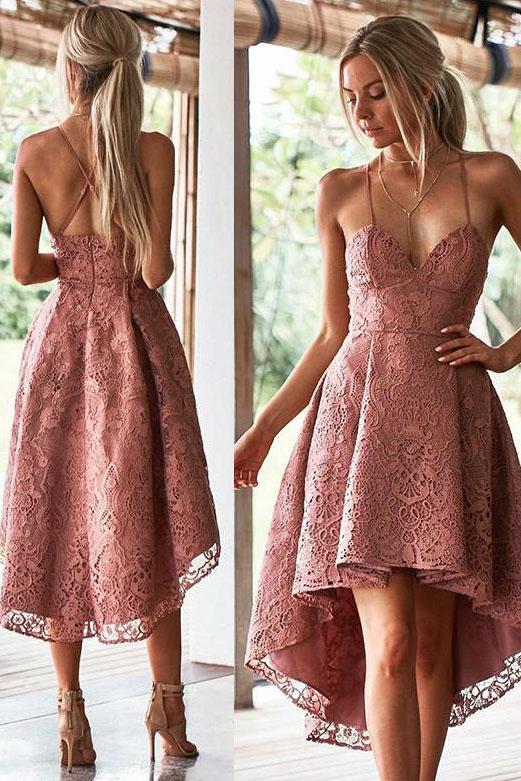 Chic White Lace High-Low Homecoming Dress, Spaghetti Straps Lace Homecoming Gown UQ2186