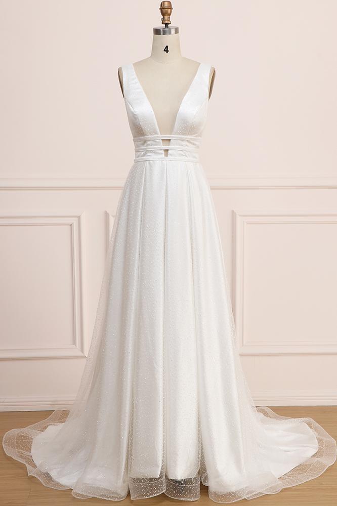 Deep V Neck Sleeveless Bridal Dress, Backless Long A Line Wedding Dresses N2270