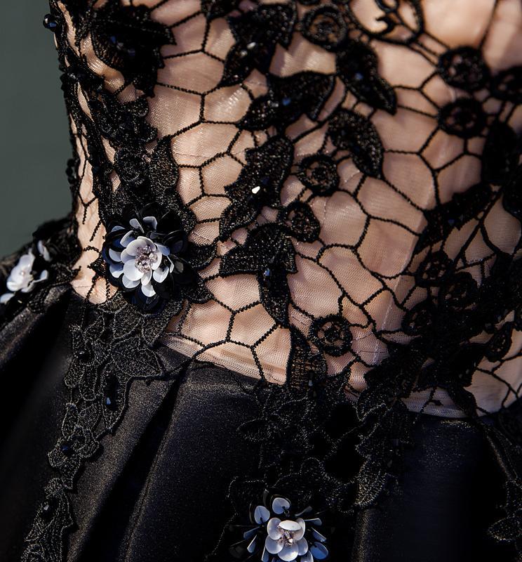 Black Strapless Satin Homecoming Dress with Lace, Cheap Graduation Dress with Crystals UQ1980