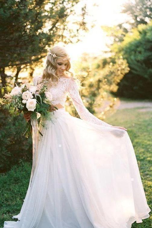 Romantic Two Piece Long Sleeves Wedding Dress with Lace, A Line Ivory Chiffon Bridal Dress UQ2398