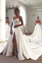 Strapless Bodice Corset Leg Slit Satin Wedding Dresses, Backless Long Bridal Dresses UQ1995