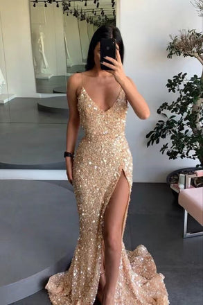 Gold Engagement Spaghetti Straps Mermaid Long Prom Dresses,Evening Gown CHP0216