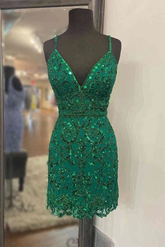 Glittery Green Sequins V Neck Bodycon Homecoming Dresses,Short Prom Dress chh0149