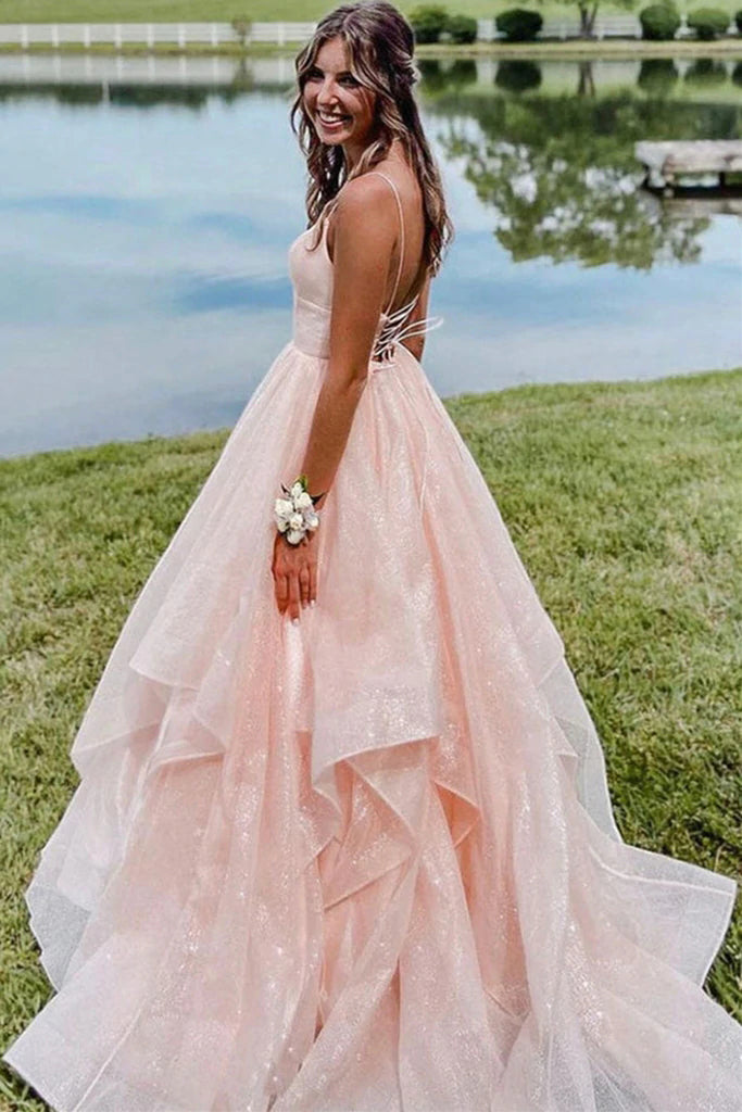 Glitter A Line Spaghetti Straps Asymmetrical Long Prom Dress, Shiny Evening Gown CHP0101 Glitter A Line Spaghetti Straps Asymmetrical Long Prom Dress, Shiny Evening Gown CHP0101