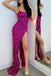 Glitter Purple Sequins Mermaid Spaghetti Straps Long Prom Dresses, Formal Dresses With Slit CHP0105