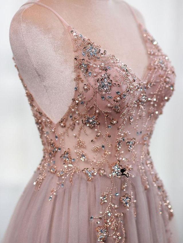 Dusty Pink Spaghetti Straps Gorgeous Beading Prom Dress, A Line Split Tulle Evening Dresses UQ2403