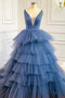 Gorgeous A Line Blue V-neck Sleeveless Prom Dresses,Long Formal Gown With Layers CHP0093