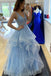 A-Line V Neck Blue Lace Long Prom Dress,Blue Evening Dress With Layers CHP0087