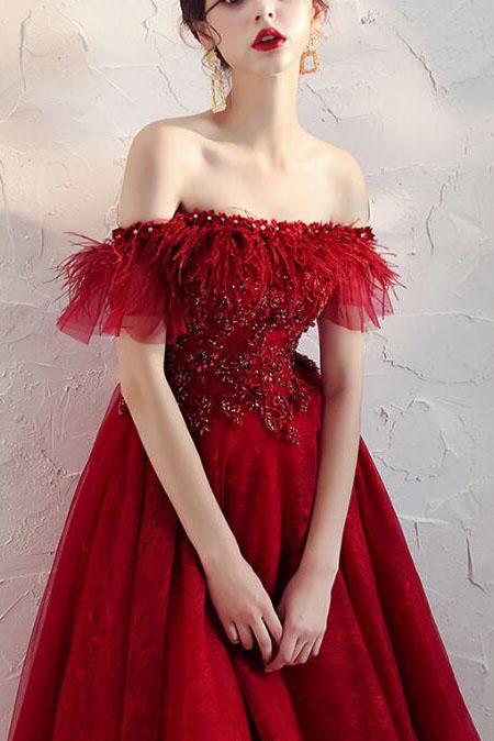 Burgundy Off the Shoulder Knee Length Homecoming Dress with Beading, A Line Dress UQ2188