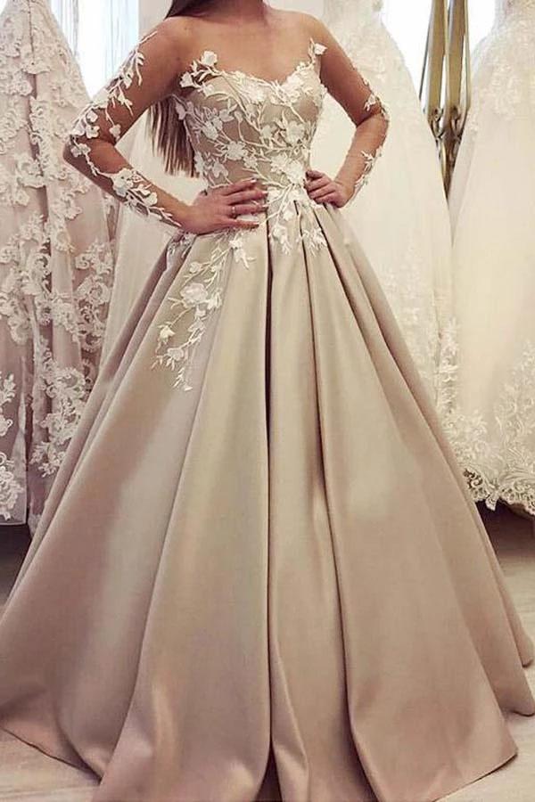 Puffy Sheer Neck Long Sleeves Satin Prom Dress with Lace Appliques N2457
