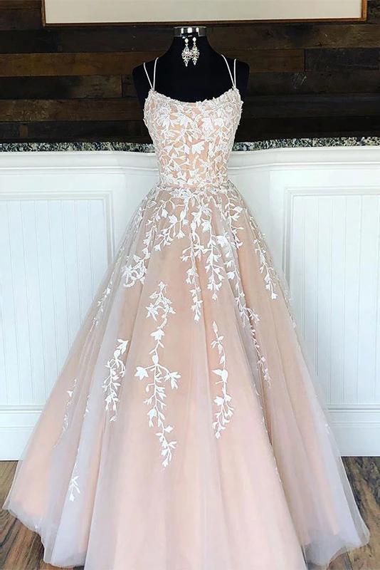 Puffy Spaghetti Straps Floor Length Prom Dress with Appliques, Long Evening Dress N2171