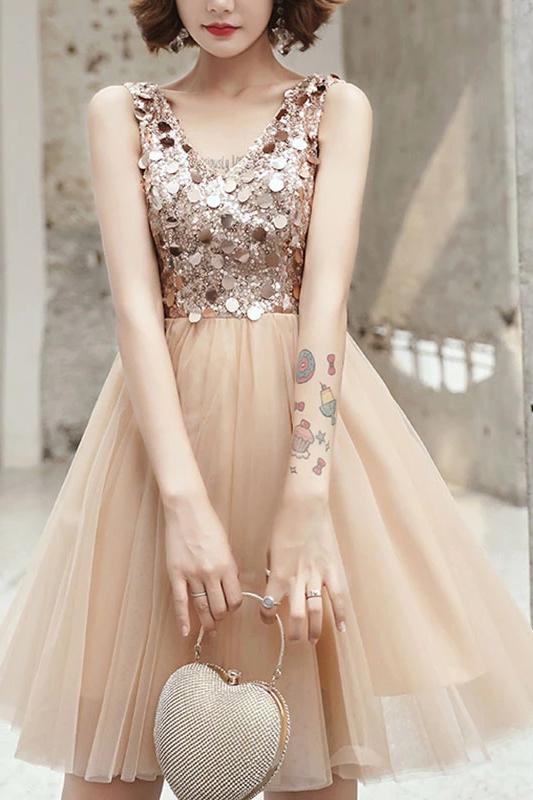 Champagne Sparkly V Neck Short Tulle Homecoming Dress, Shiny Above Knee Graduation Dress UQ2140 cherishgirls Champagne Sparkly V Neck Short Tulle Homecoming Dress, Shiny Above Knee Graduation Dress UQ2140 cherishgirls