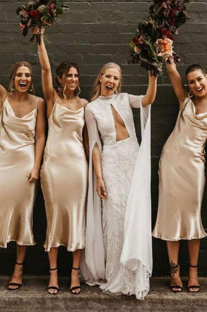 Spaghetti Straps Sheath Tea Length Cowl Neck Bridesmaid Dress chb0015