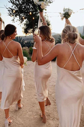 Spaghetti Straps Sheath Tea Length Cowl Neck Bridesmaid Dress chb0015