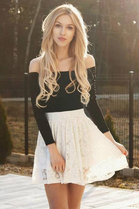 A-Line Off-the-Shoulder Lace Mini Homecoming Party Dress with Long Sleeves UQ1902