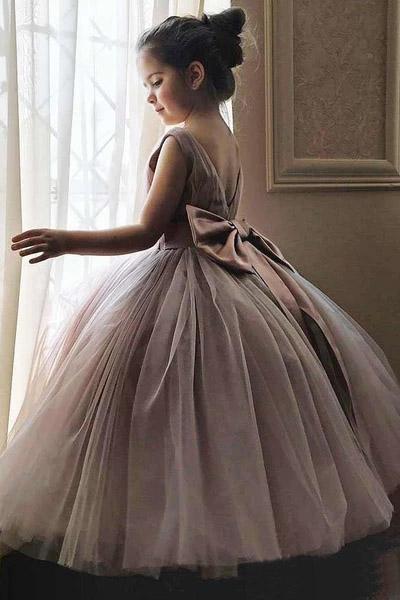 Cheap Cute Mauve Ball Gown Flower Girl Dresses with Bow on the Back F069