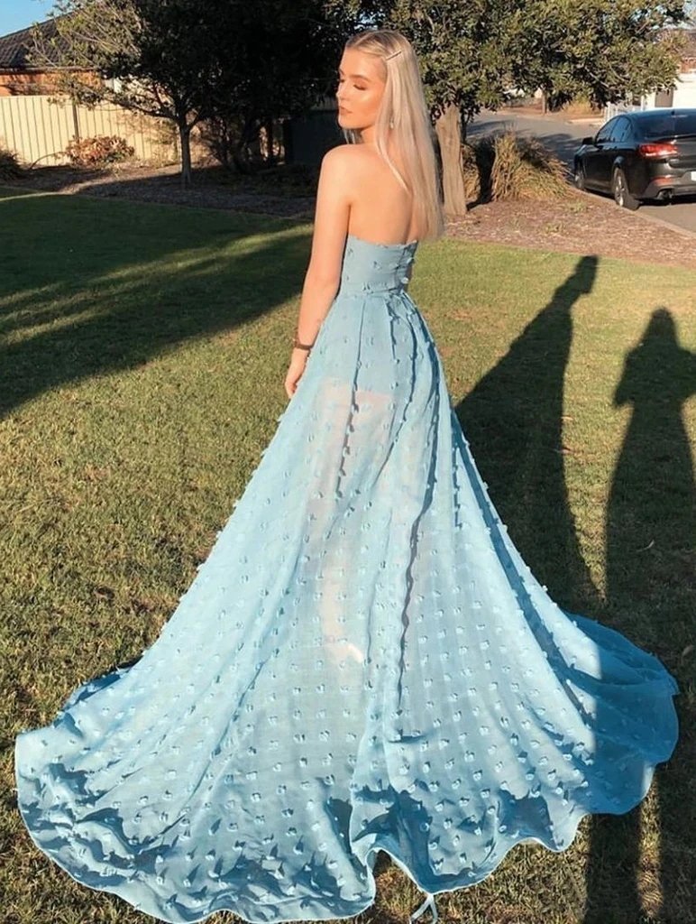 A Line Strapless Split Sweep Train Long Prom Dress, Unique Blue Formal Dresses UQ2577