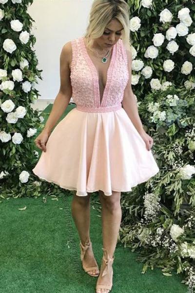 Cute Deep V Neck Sleeveless Above Knee Homecoming Dresses, Sexy Short cherishgirls Cute Deep V Neck Sleeveless Above Knee Homecoming Dresses, Sexy Short cherishgirls