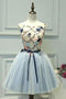 A-Line Blue Tulle Homecoming Dresses With Appliques, Cute Graduation Dress with Flower UQ2177