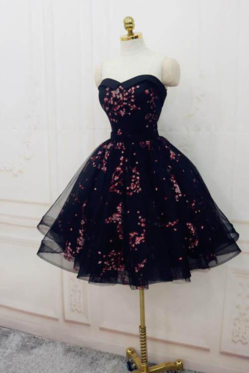 Black Cute Sweetheart Tulle Formal Dresses, Puffy Strapless Appliqued Homecoming Dress N1878