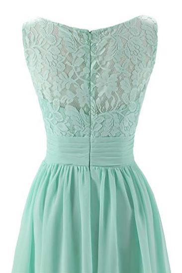 Mint Green V Neck Long Bridesmaid Dress with Lace, Simple Pleated Long Bridesmaid Dress UQ1855