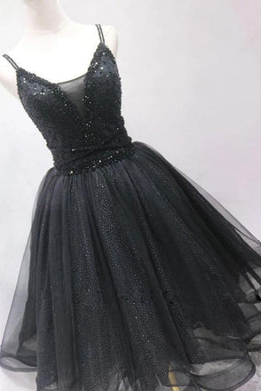 Black Tulle Beading Short Prom Dress, Puffy Black Straps Homecoming Dress UQ2148