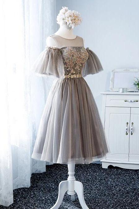 A Line Knee Length Tulle Homecoming Dress with Sleeves, Cute Short Prom Gown UQ2189 A Line Knee Length Tulle Homecoming Dress with Sleeves, Cute Short Prom Gown UQ2189