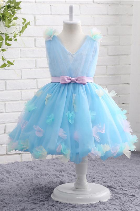 A-Line V Neck Sky Blue Tulle Flower Girl Dress with Aplique Bow F060