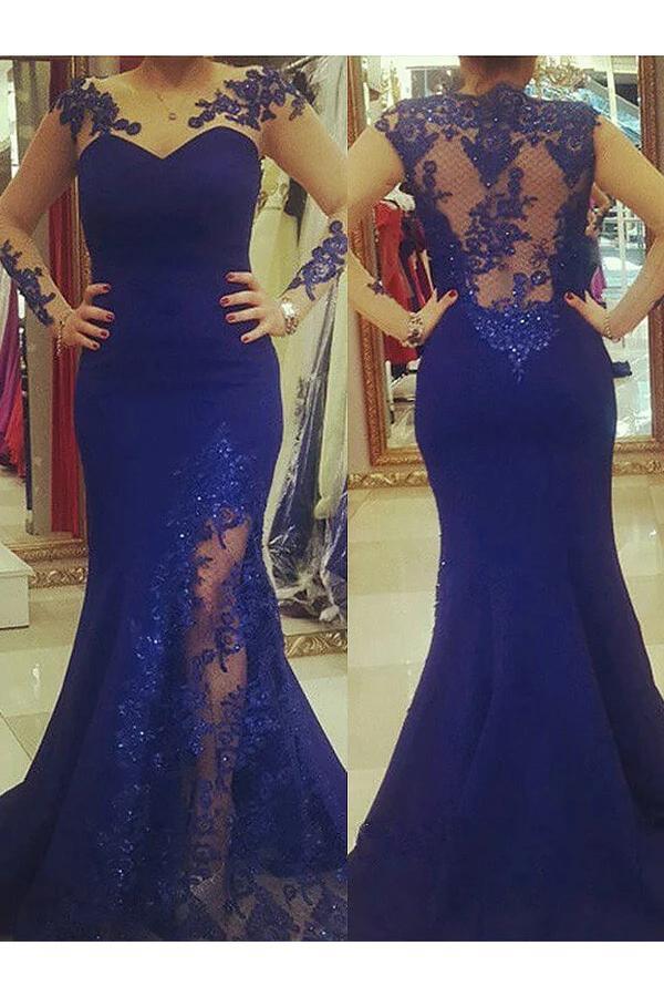 Royal Blue Plus Size Mermaid Prom Dress with Sheer Sleeves, Plus Size Dress with Lace UQ2218