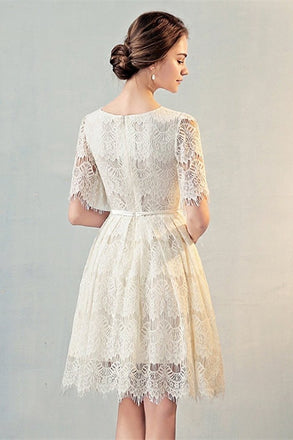 A Line Half Sleeves Lace Homecoming Dress, Cute Lace Sweet Dress with Belt UQ1948