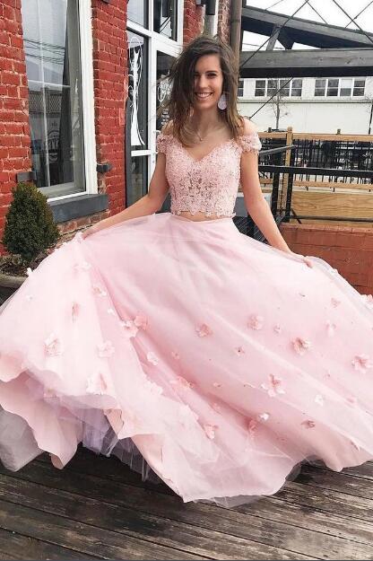 Two Piece Floor Length Tulle Prom Dress with Lace, Long Off the Shoulder Dress with Flower UQ2096