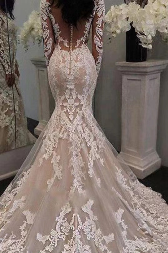 New Arrival Mermaid Long Sleeves See Through Back Sweetheart Long Lace Wedding Dresses, Bridal Gown CHW0161