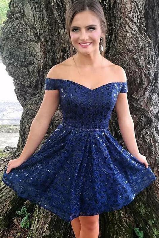 Dark Blue Off the Shoulder Lace Homecoming Dresses, Sexy Lace Short Prom Dress N1799