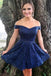 Dark Blue Off the Shoulder Lace Homecoming Dresses, Sexy Lace Short Prom Dress UQ1799