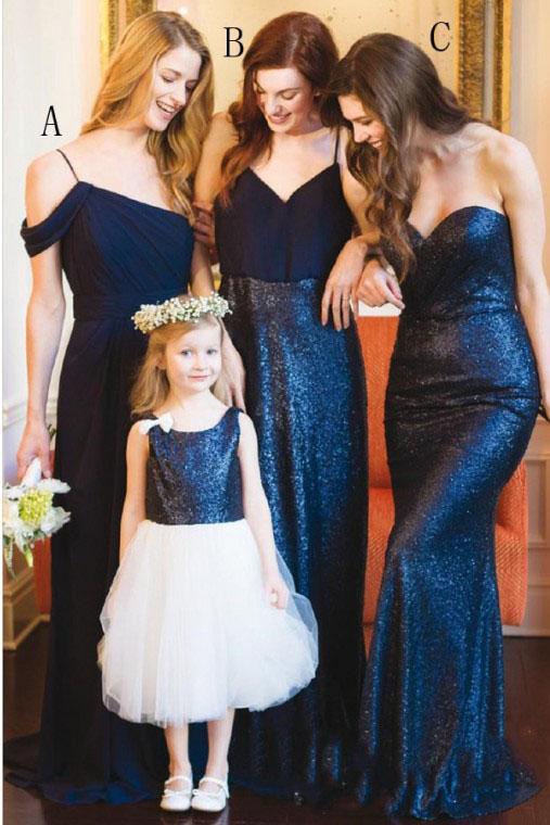Dark Blue Long Chiffon Bridesmaid Dress with Sequin, Cheap Bridesmaid Dresses N2461