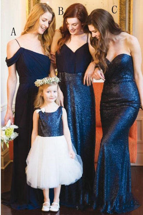Dark Blue Long Chiffon Bridesmaid Dress with Sequin, Cheap Bridesmaid Dresses N2461