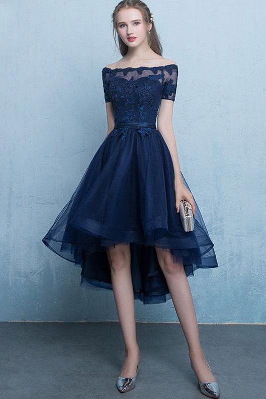 Dark Blue Off the Shoulder Tulle Homecoming Dress with Lace Appliques UQ1725