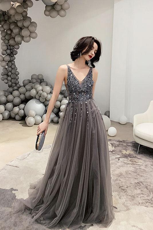 Dark Gray V Neck Sparkly Beading Prom Dress with Sequins Long Tulle P cherishgirls
