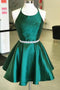 Dark Green Satin Spaghetti Strap Halter Open Back Short Homecoming Dresses UQ1803