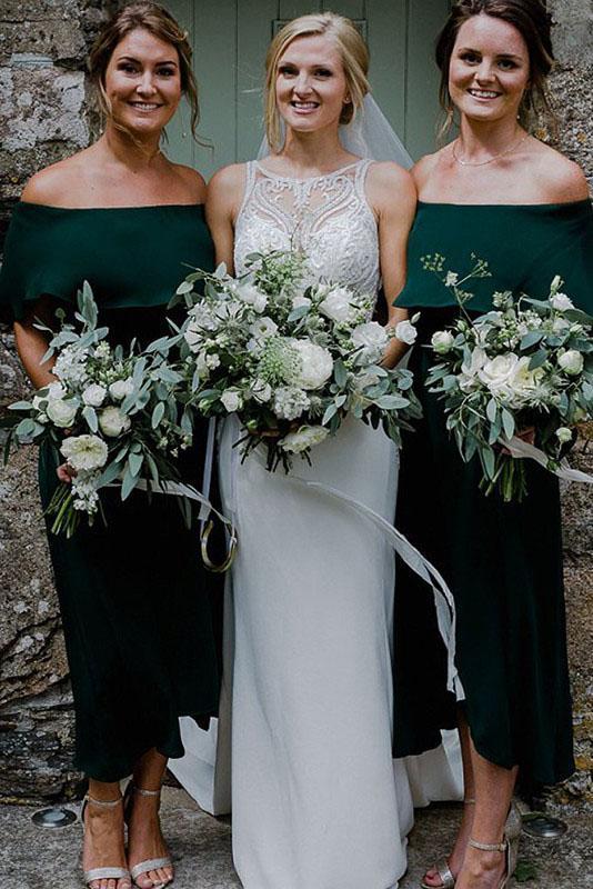 Dark Green Ankle Length Off Shoulder Bridesmaid Dresses, Cheap Chiffon cherishgirls Dark Green Ankle Length Off Shoulder Bridesmaid Dresses, Cheap Chiffon cherishgirls