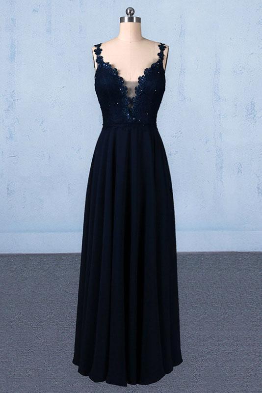 Dark Navy Blue Straps Floor Length Evening Dresses, Long Chiffon Prom Dress with Lace N2292